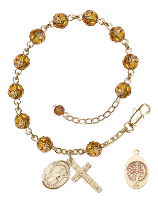 14kt Gold 6mm Austrian Crystal St. Benedict Rosary Bracelet in Topaz | Engravable