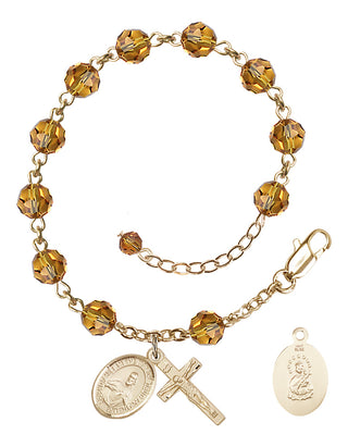 14kt Gold 6mm Austrian Crystal Scapular Rosary Bracelet in Topaz Engraved Catholic Saint Jewelry
