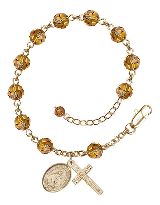 14kt Gold 6mm Austrian Crystal Saint Bede the Venerable Rosary Bracelet in Topaz Engraved Catholic Saint Jewelry