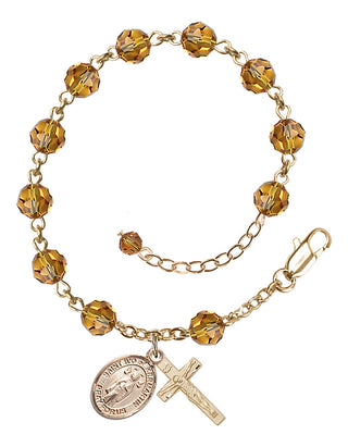 14kt Gold 6mm Austrian Crystal Saint Ivo of Kelmartin Rosary Bracelet in Topaz Engraved Catholic Saint Jewelry
