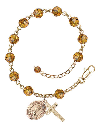 14kt Gold 6mm Austrian Crystal Our Lady of Kibeho Rosary Bracelet in Topaz Engraved Catholic Saint Jewelry