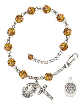 Sterling Silver 6mm Austrian Crystal St. Benedict Rosary Bracelet in Topaz | Engravable