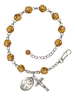 Sterling Silver 6mm Austrian Crystal Saint Elmo Rosary Bracelet in Topaz Engraved Catholic Saint Jewelry