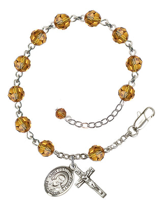 Sterling Silver 6mm Austrian Crystal Saint Francis de Sales Rosary Bracelet in Topaz Engraved Catholic Saint Jewelry