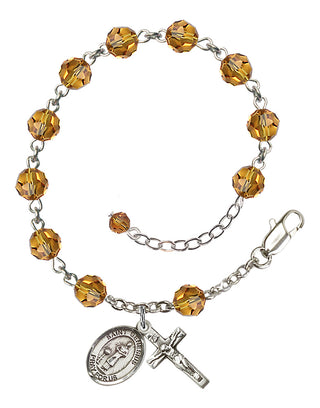 Sterling Silver 6mm Austrian Crystal Saint Genesius of Rome Rosary Bracelet in Topaz Engraved Catholic Saint Jewelry