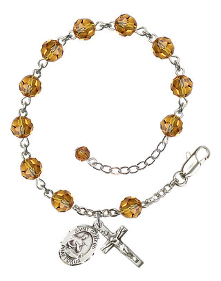 Sterling Silver 6mm Austrian Crystal Saint Gerard Majella Rosary Bracelet in Topaz Engraved Catholic Saint Jewelry