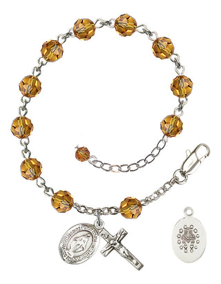 Sterling Silver 6mm Austrian Crystal Miraculous Rosary Bracelet in Topaz Engraved Catholic Saint Jewelry
