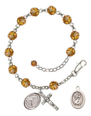 Adjustable Sterling Silver 6mm Austrian Crystal Saint Christopher/Softball Rosary Bracelet in Topaz