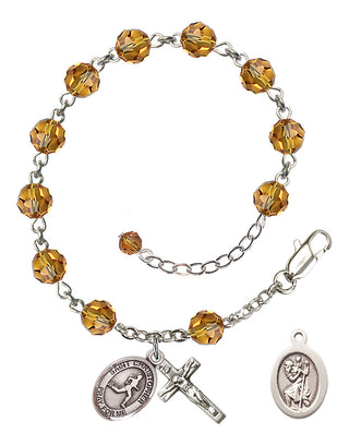 Sterling Silver 6mm Austrian Crystal Saint Christopher/Track & Field Rosary Bracelet in Topaz Engraved Catholic Saint Jewelry