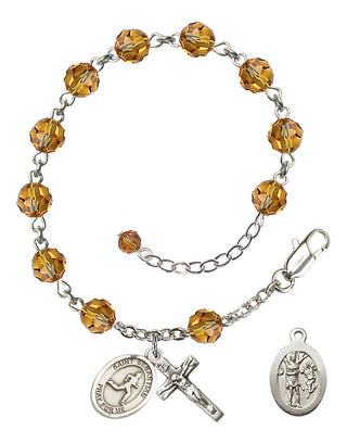 Adjustable Sterling Silver 6mm Austrian Crystal Saint Sebastian/Track & Field Rosary Bracelet in Topaz