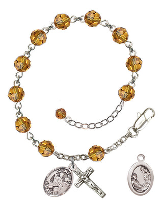 Sterling Silver 6mm Austrian Crystal Saint Cecilia / Marching Band Rosary Bracelet in Topaz Engraved Catholic Saint Jewelry