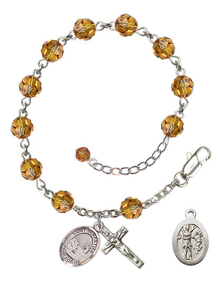 Adjustable Sterling Silver 6mm Austrian Crystal Saint Sebastian / Fishing Rosary Bracelet in Topaz