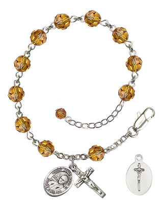 Adjustable Sterling Silver 6mm Austrian Crystal Saint John Paul II Rosary Bracelet in Topaz