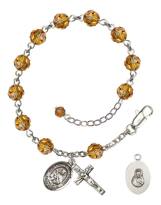 Adjustable Sterling Silver 6mm Austrian Crystal Our Lady of Mount Carmel Rosary Bracelet in Topaz