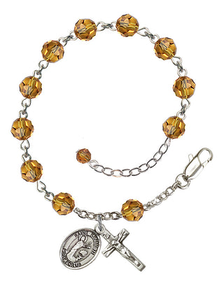 Sterling Silver 6mm Austrian Crystal Saint Kenneth Rosary Bracelet in Topaz Engraved Catholic Saint Jewelry
