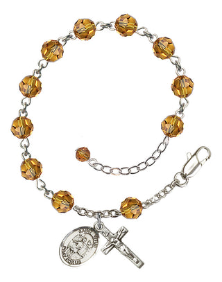 Sterling Silver 6mm Austrian Crystal Saint Vitus Rosary Bracelet in Topaz Engraved Catholic Saint Jewelry
