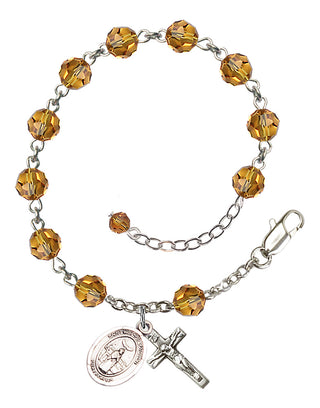 Sterling Silver 6mm Austrian Crystal Saint Medard of Noyon Rosary Bracelet in Topaz Engraved Catholic Saint Jewelry