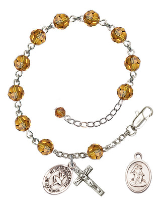 Sterling Silver 6mm Austrian Crystal Guardian Angel/Dance Rosary Bracelet in Topaz Engraved Catholic Saint Jewelry