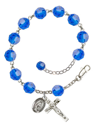 Adjustable Sterling Silver 8mm Austrian Crystal Rosary Bracelet in Capri Blue