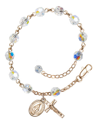 Adjustable 14 Karat Gold 6mm Austrian Crystal Rosary Bracelet with Aurora Borealis in Crystal