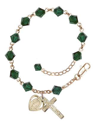 Adjustable 14 Karat Gold 6mm Austrian Crystal Rosary Bracelet in Emerald