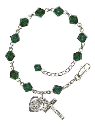 Adjustable Sterling Silver 6mm Austrian Crystal Rosary Bracelet in Emerald