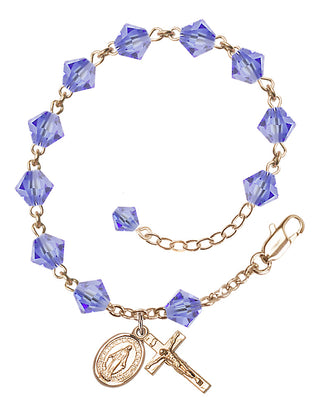 Adjustable 14 Karat Gold 6mm Austrian Crystal Rosary Bracelet in Light Sapphire