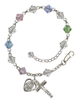 Adjustable Sterling Silver 6mm Austrian Crystal Rosary Bracelet in Multi-Color