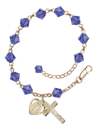 Adjustable 14 Karat Gold 6mm Austrian Crystal Rosary Bracelet in Sapphire