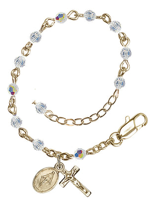 14 KT Solid Gold 3mm Austrian Crystal Rosary Bracelet with Crystal Aurora Borealis Beads