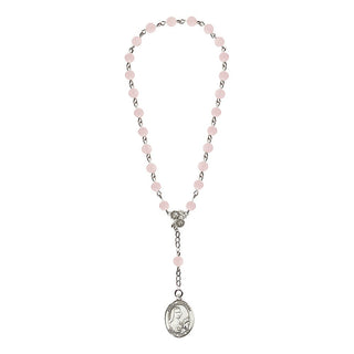Adjustable Silver Plated 6mm Semi-Precious Stone Rosary Bracelet in Pink Engraved Catholic Saint Jewelry