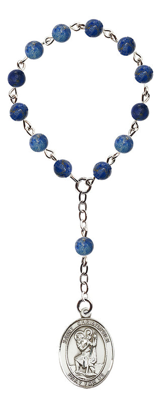 Adjustable Silver Plated 6mm Semi-Precious Stone Rosary Bracelet in Sodalite Engraved Catholic Saint Jewelry