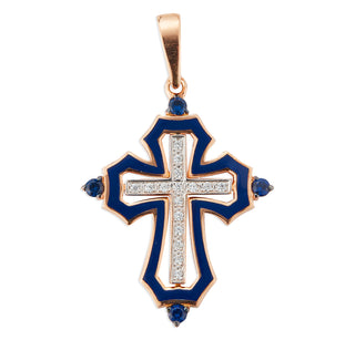 Rose Gold Over Sterling Silver Cross with Blue Enamel & Clear and Blue CZ Accents
