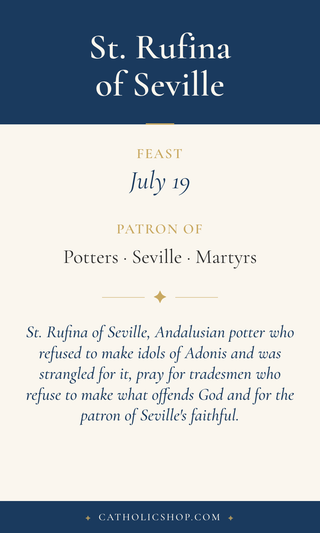 St. Rufina of Seville holy card — back with feast day, patronage, and prayer