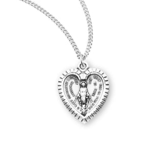 Sterling Silver Heart Shaped Miraculous Medal With 18 Inch Chain And Box