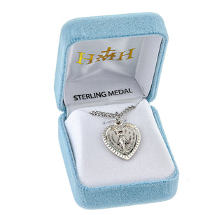 Sterling Silver Heart Shaped Miraculous Medal with 18-inch Chain and Box