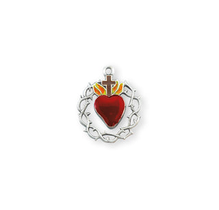 1-inch Sterling Silver Crown of Thorns with Enameled Red Heart and 20-inch Chain