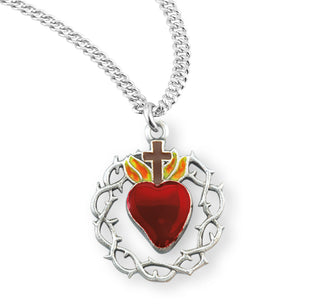 1 Inch Sterling Silver Crown Of Thorns With Enameled Red Heart And 20 Inch Chain