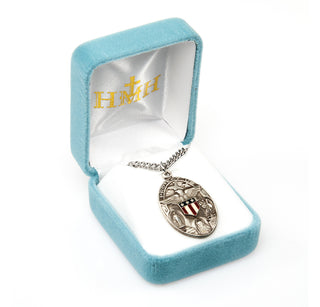 1 1/4-inch Sterling Silver Military Medal with Jesus-Mary-St. Christopher with 24-inch Chain