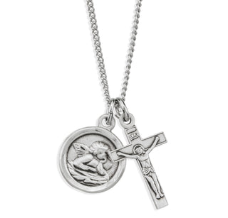 Sterling Silver Cherub Medal and Small Crucifix