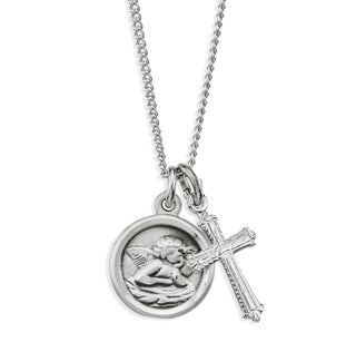 Sterling Silver Cherub Medal and Small Cross