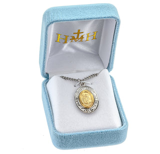 Gold Over Sterling Silver St. Michael Pendant with Rhodium Plated Sterling Silver Border