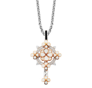 Sterling Silver Cross with White Flower Enamel & Gold Trim with CZ Accents~09