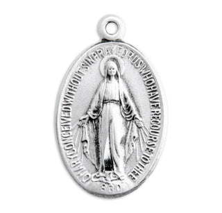 7/8-inch Sterling Silver Oval Miraculous Medal with 18-inch Chain