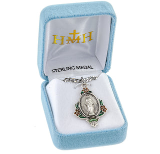 Sterling Silver Miraculous Medal with Pink Epoxy Flowers
