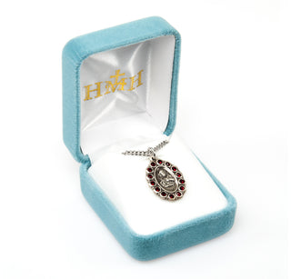 7/8-inch Sterling Silver Scapular Medal with Finest Austrian Crystal Ruby Stones 18-inch Chain