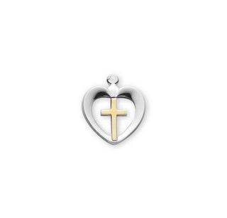 3/4-inch Tutone Sterling Silver Cross in Heart with 18-inch Chain