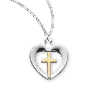3 4 Inch Tutone Sterling Silver Cross In Heart With 18 Inch Chain