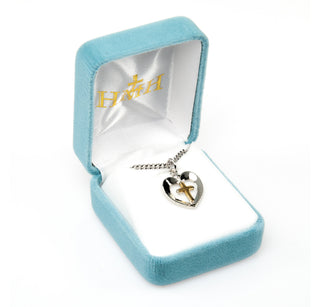 3/4-inch Tutone Sterling Silver Cross in Heart with 18-inch Chain