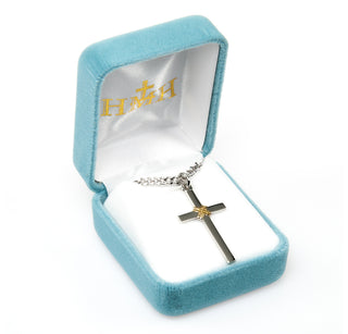 1 5/16-inch Tutone Sterling Silver Cross with Rope 24-inch Chain
